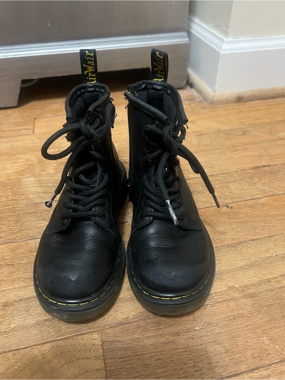 Dr. Martens Black Lace-Up kids Combat Boots with Yellow Stitching